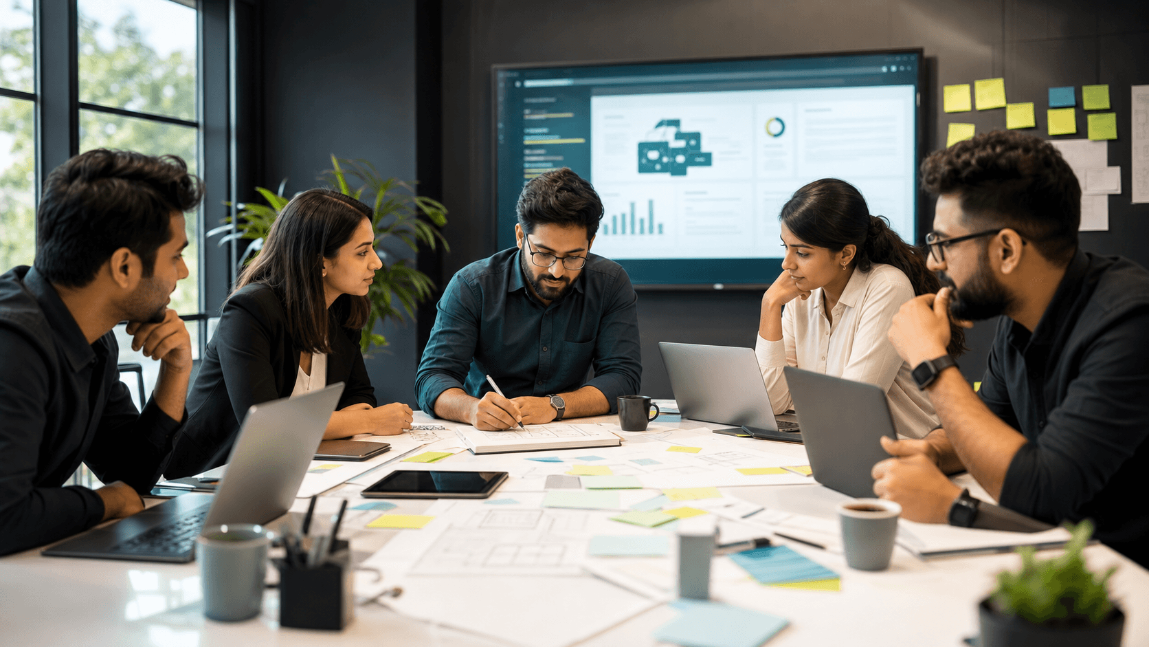 Professional team collaborating in a modern technology office